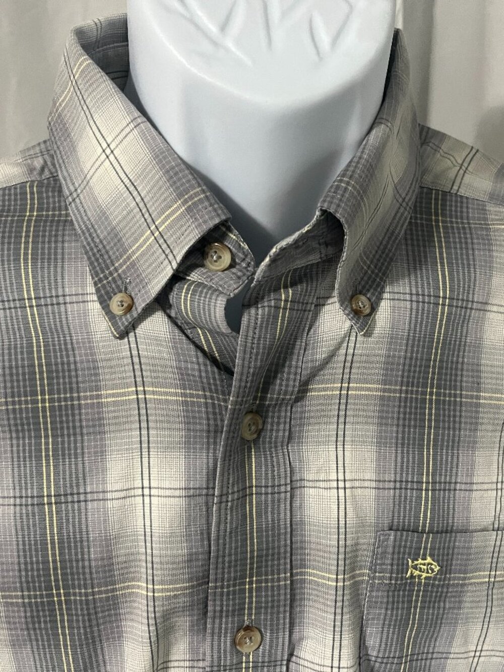 🌊 Southern Tide Men’s gray, yellow & white Coastal Passage Long Sleeve Shirt M